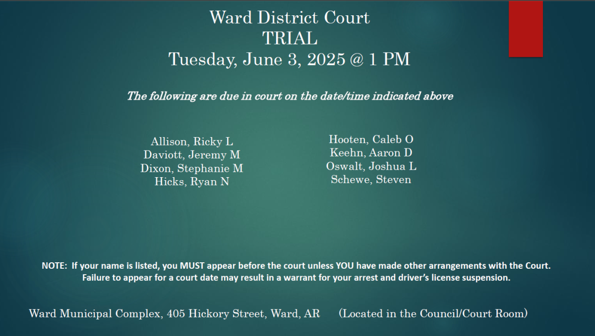 June 3 @ 1 PM, Ward District Court 